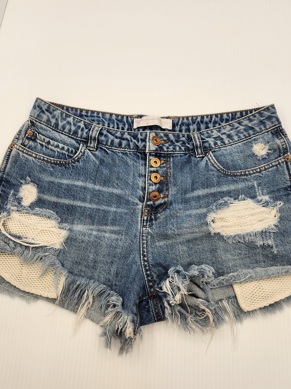 No Boundaries Distressed Denim Shorts with Button Front - Light Blue